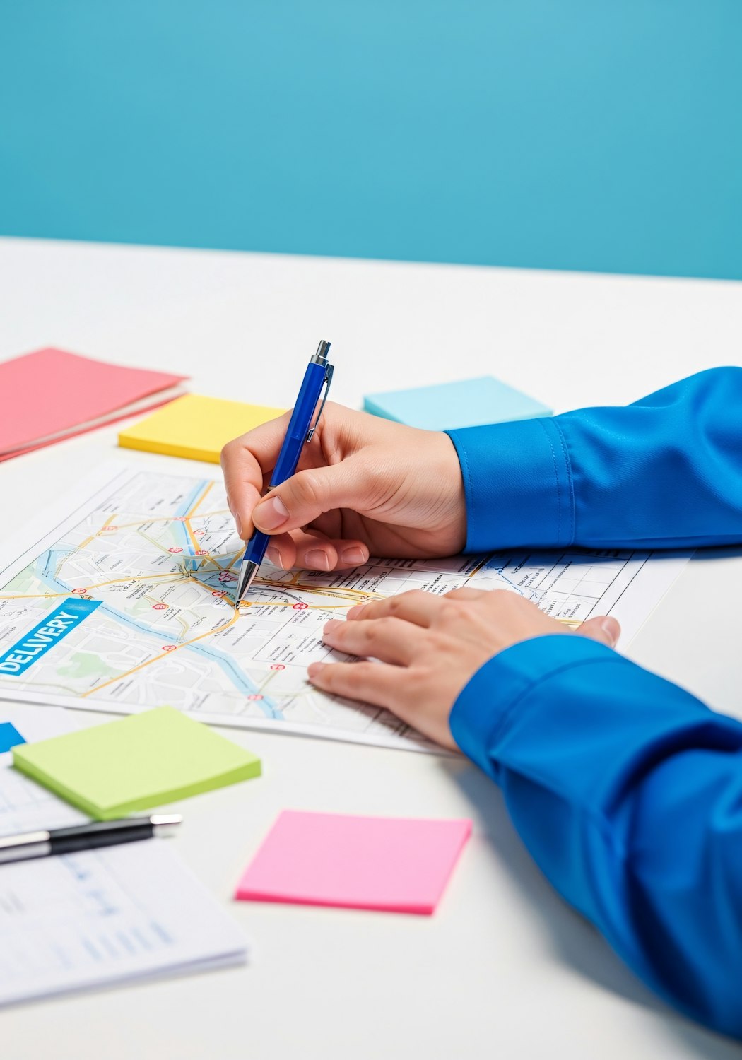A traveller marking a route on a paper map beside a notebook