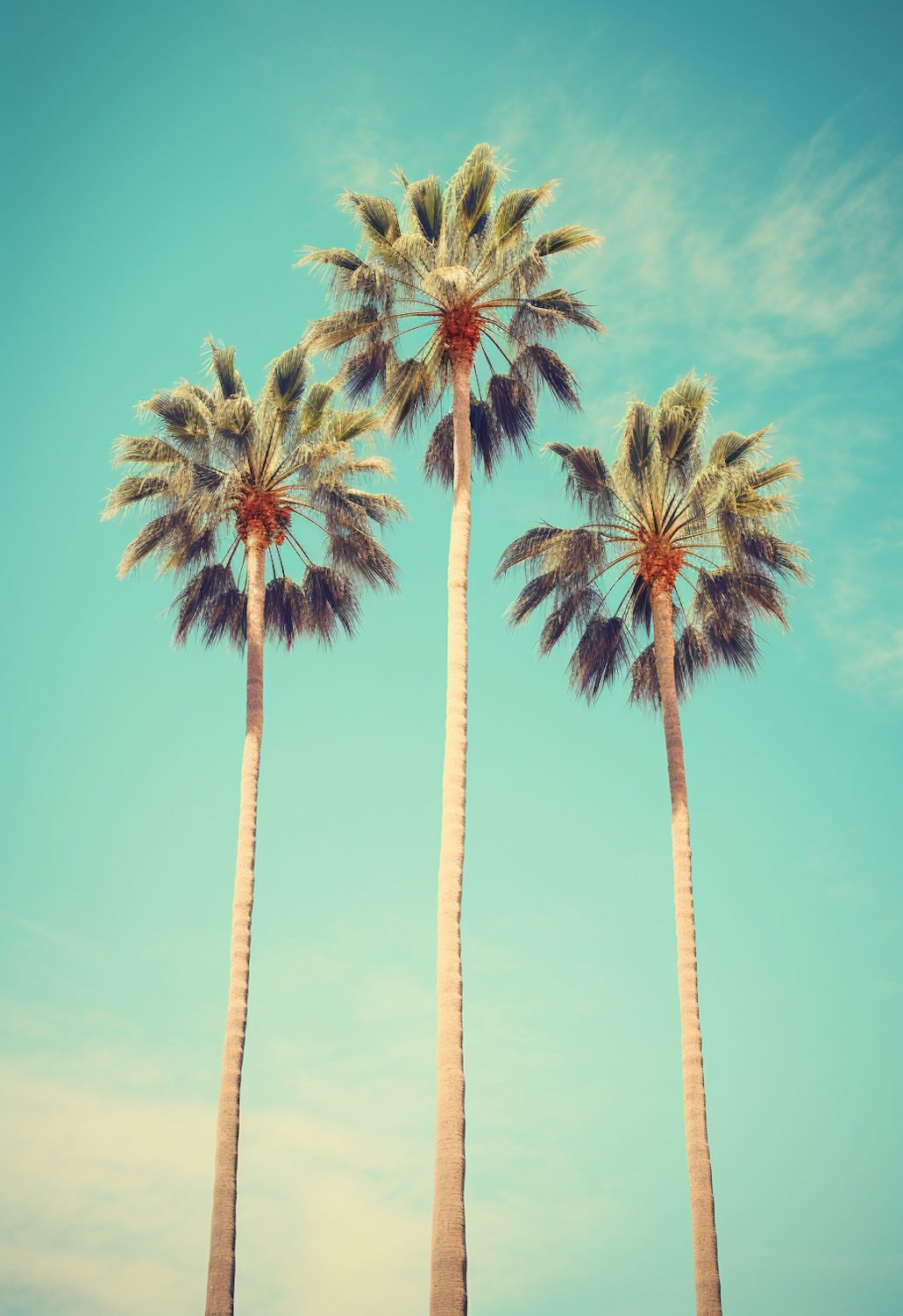 Tall palm trees against a bright turquoise sky