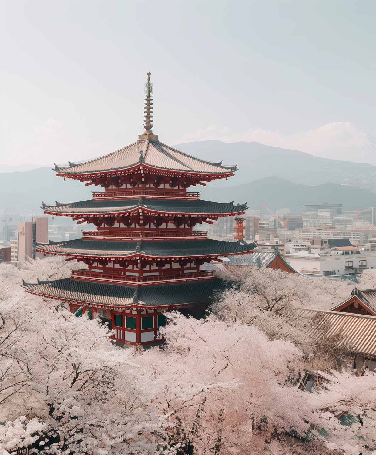 A traditional Japanese pagoda framed by cherry blossom trees