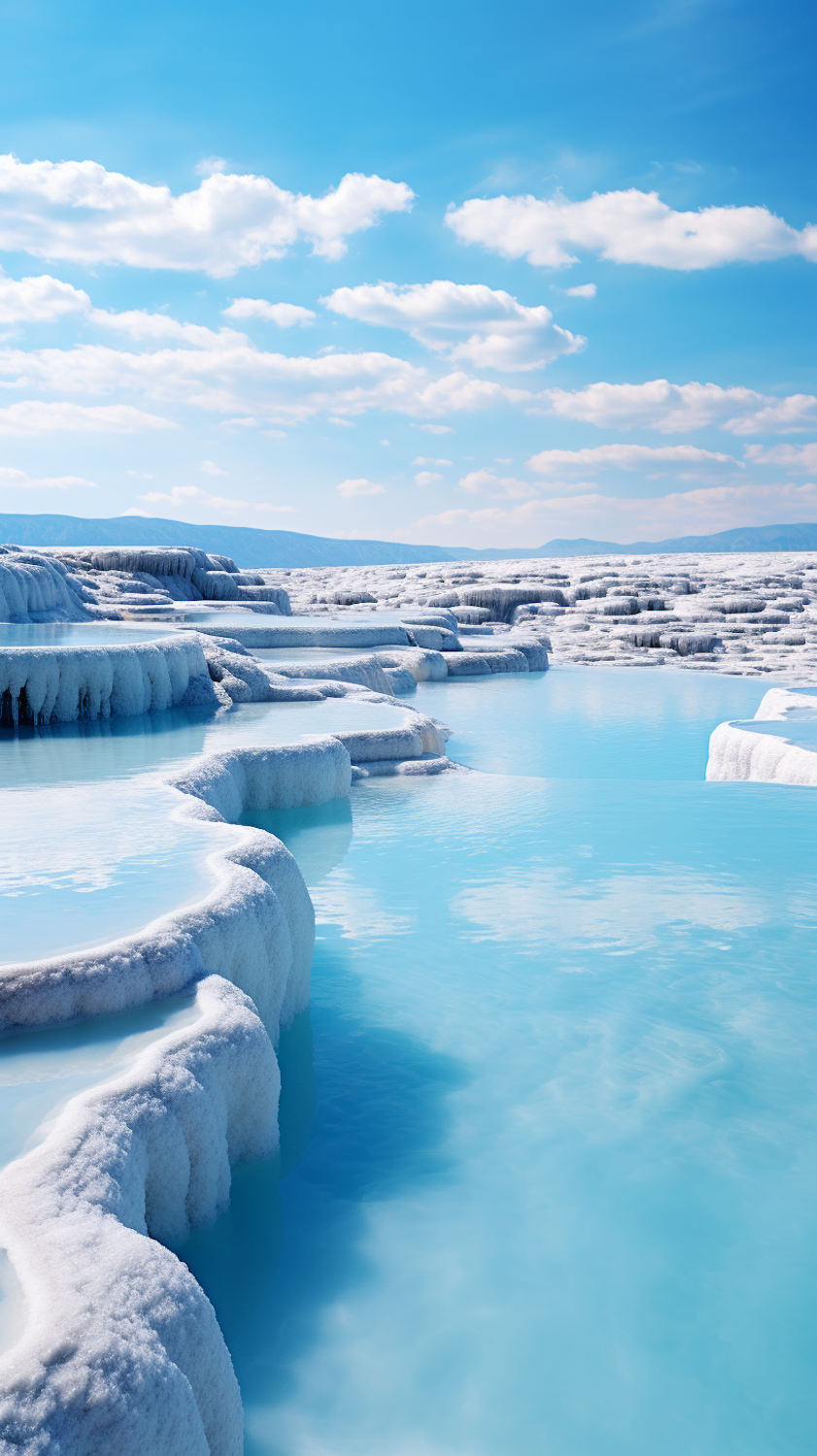 Turquoise thermal pools held by white mineral terraces