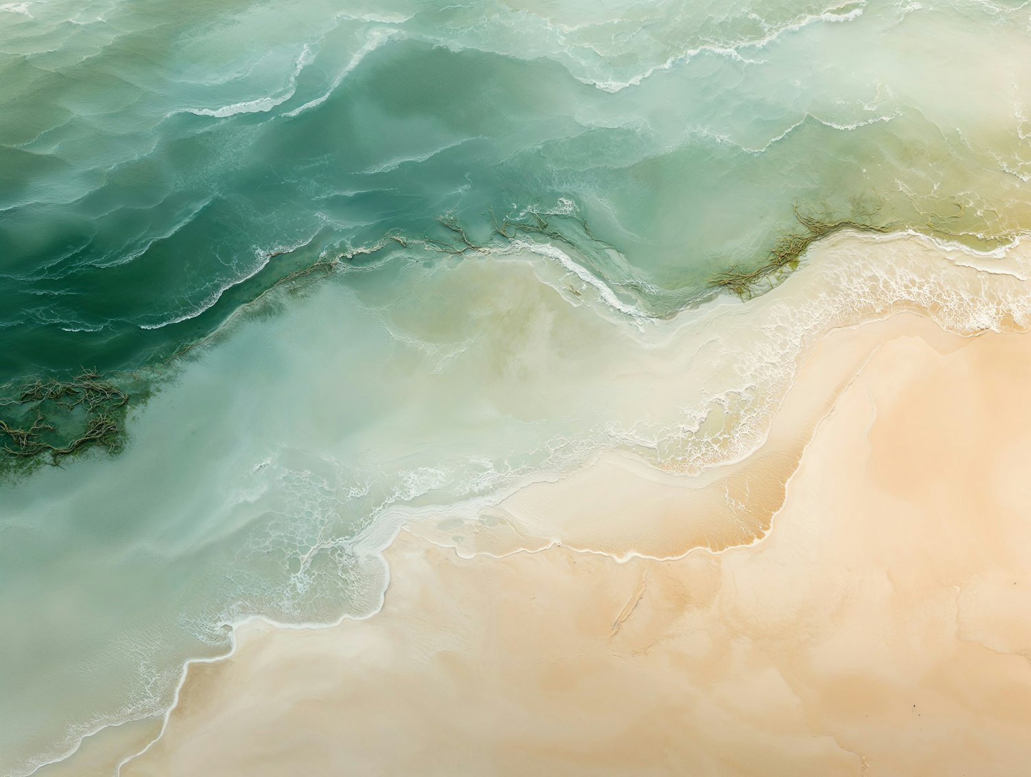 Turquoise water meeting a golden sand shoreline from above