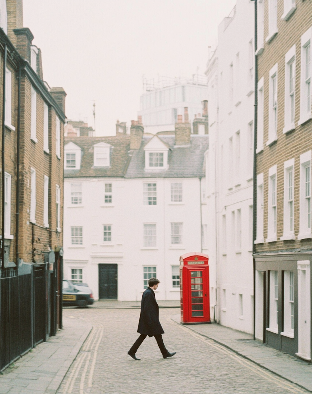 A person walking along a quiet cobblestone street of old townhouses