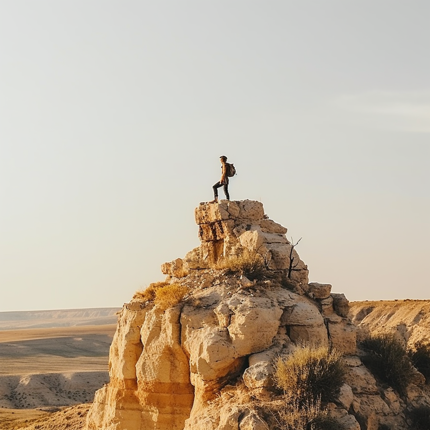 A hiker standing on a rock formation above a wide open landscape