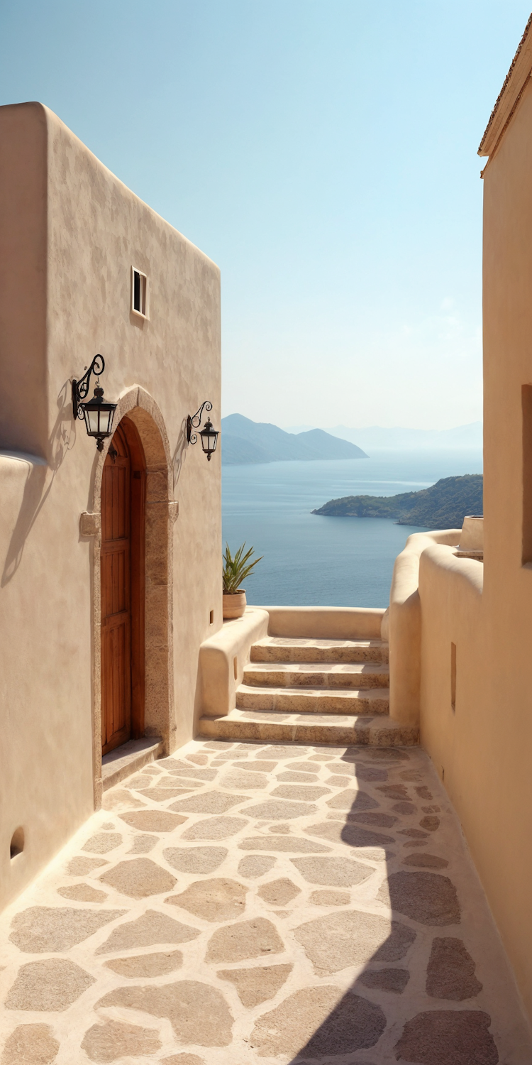 A narrow stone stairway in a coastal village leading down towards the sea
